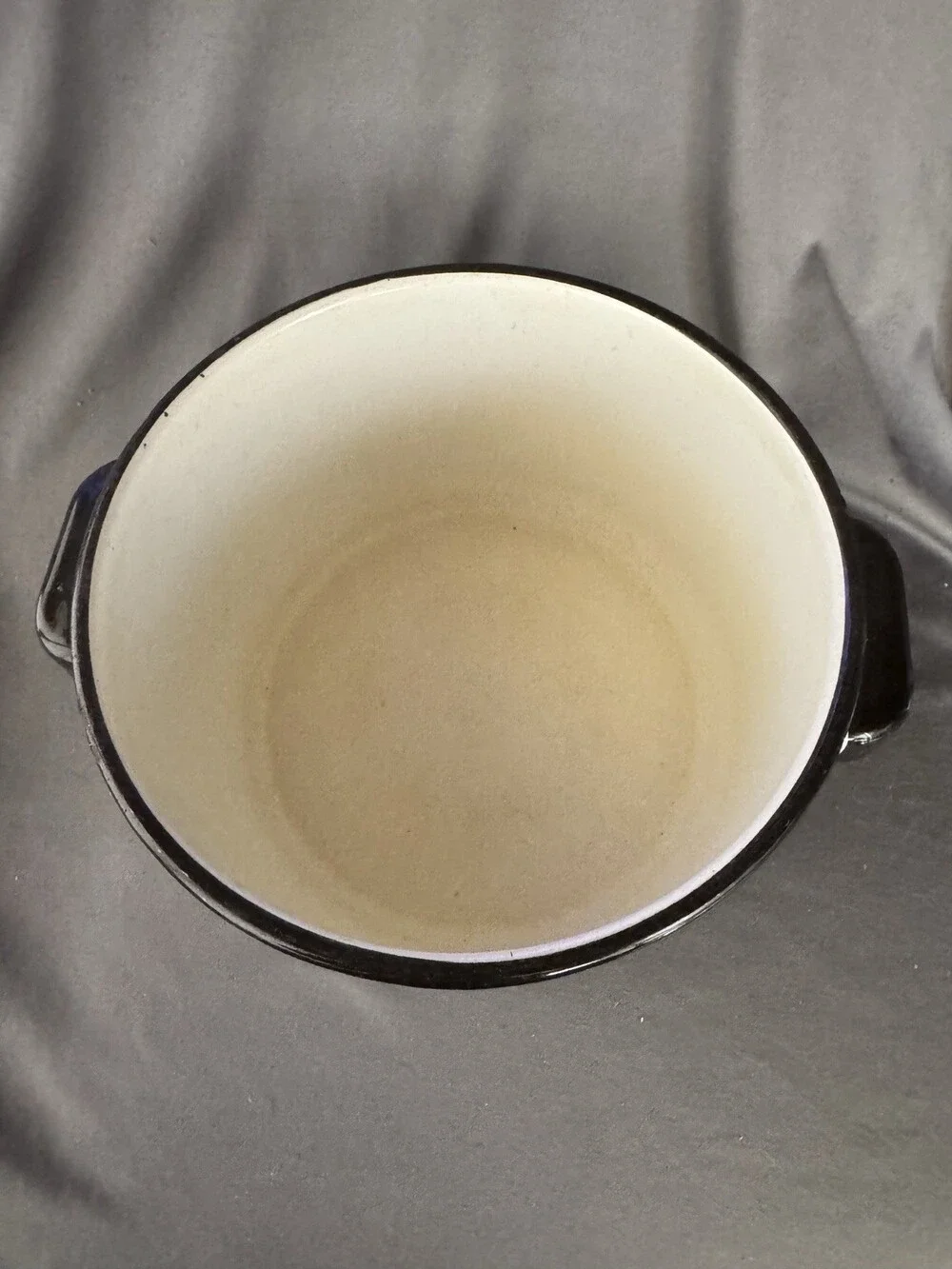 Vintage White Enamel Stock Pot Black Rim Farmhouse Camp Cooking 8” Pot